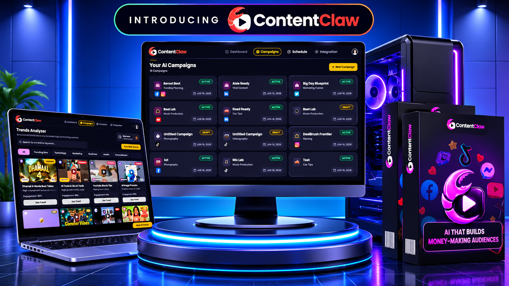 ContentClaw Review 2026 feature image showcasing the AI-powered social media automation dashboard, TrendRadar, ContentForge, multi-platform publishing, and AI audience growth tools.