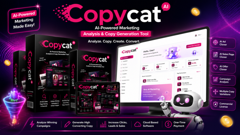 CopyCat AI Review 2026 feature image showcasing the AI marketing software dashboard, ad cloning, sales page generation, and campaign analysis tools.