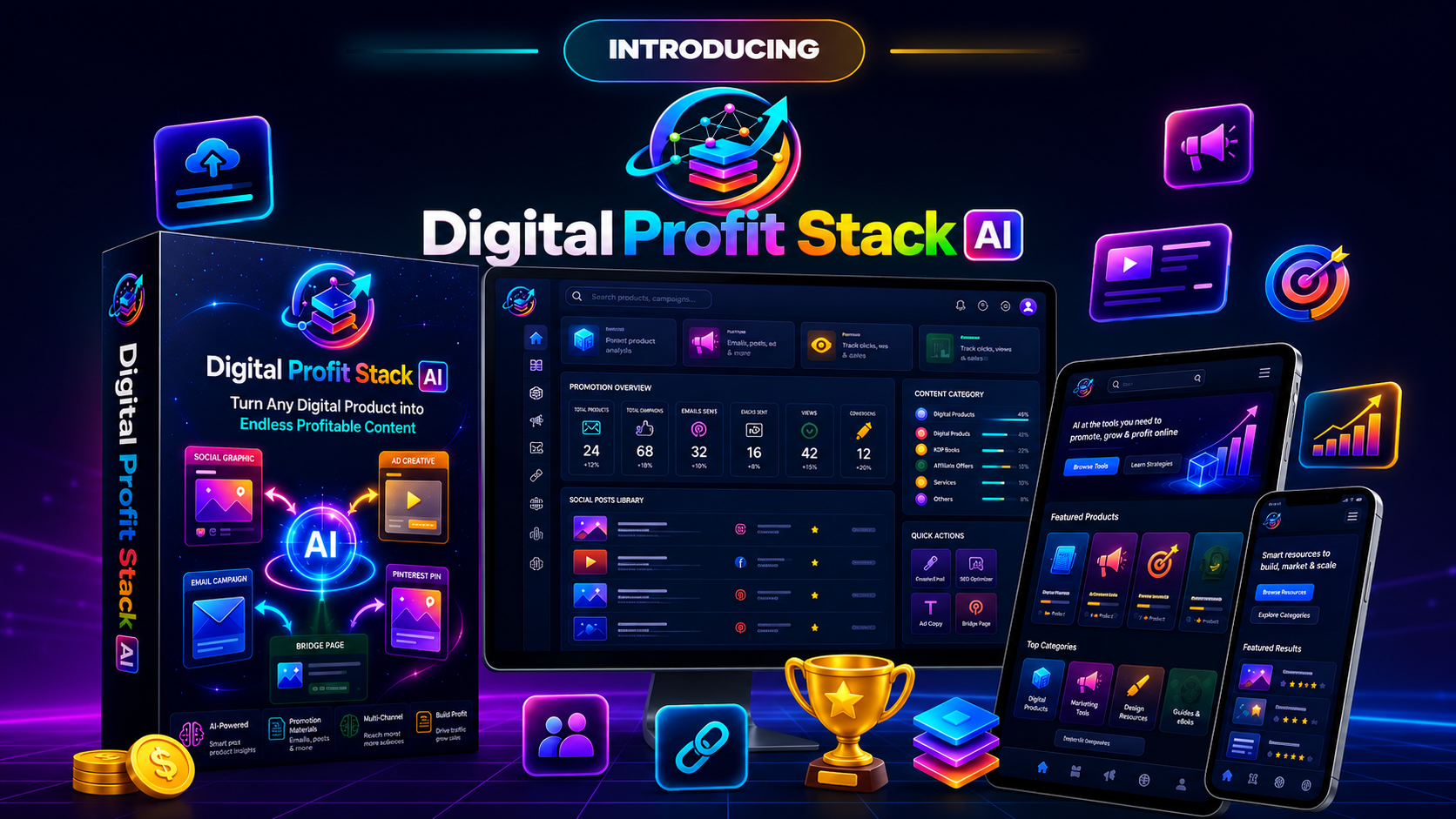 Digital Profit Stack AI Review showing AI-powered WordPress promotion platform and digital product marketing dashboard