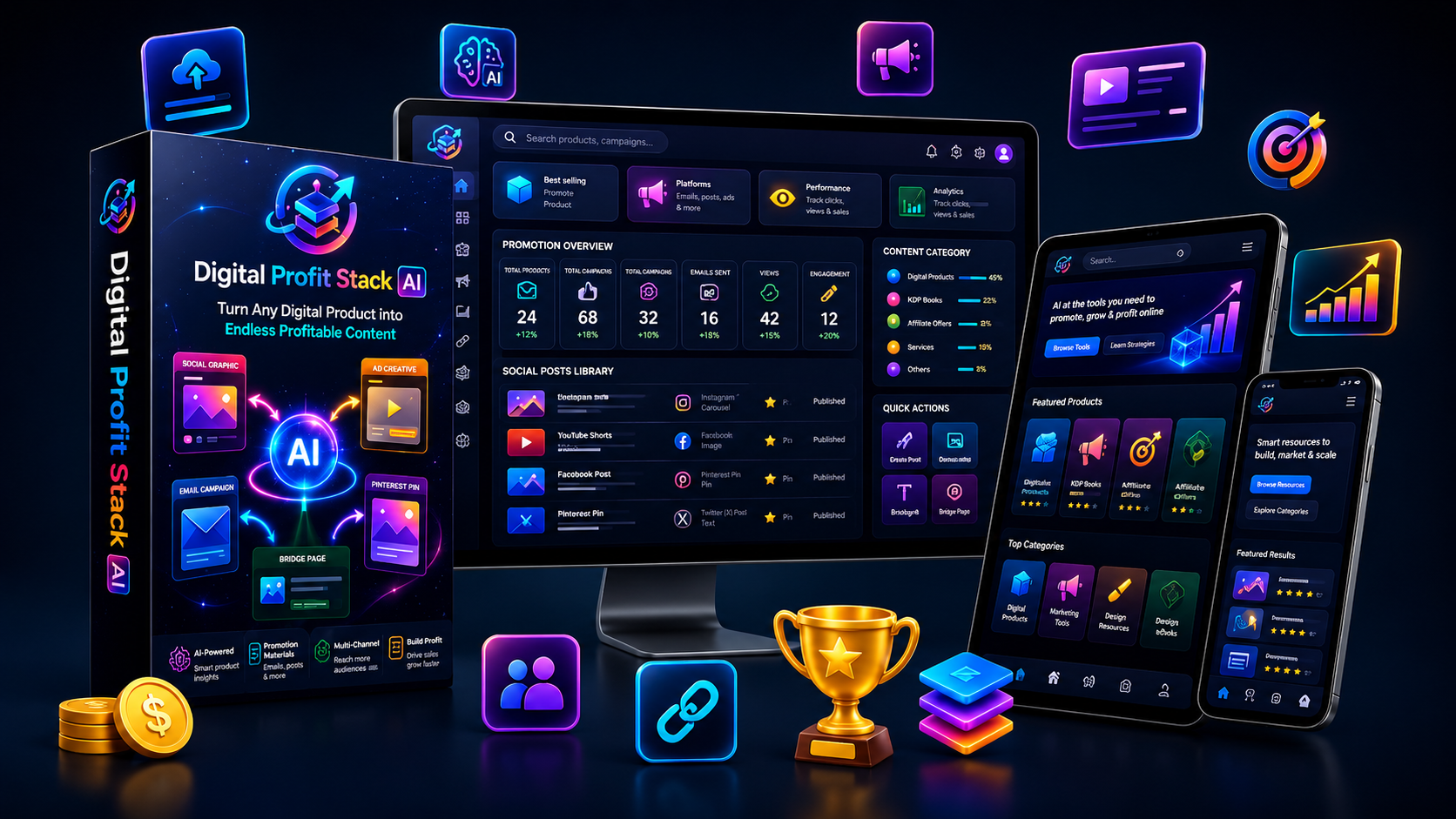 Digital Profit Stack AI Review product dashboard showing AI-powered promotion tools and digital marketing workflow