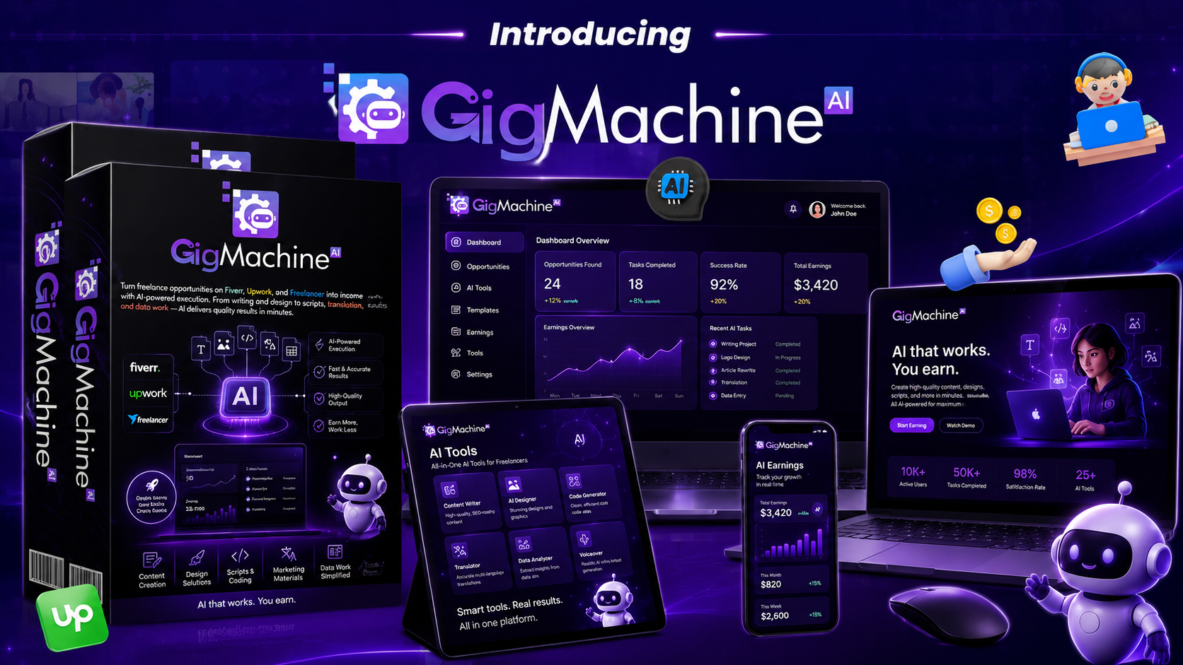 GigMachine AI Review 2026 feature image showcasing AI freelancing software dashboard, automation tools, and Fiverr Upwork workflow