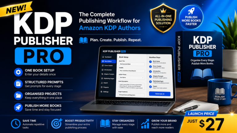 KDP Publisher Pro Review 2026 feature image showing the AI-powered Amazon KDP publishing workflow software dashboard and key features