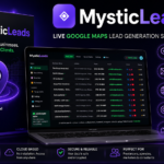 MysticLeads Review dashboard showing live Google Maps lead generation software with verified local business leads, emails, phone numbers, and social profiles.