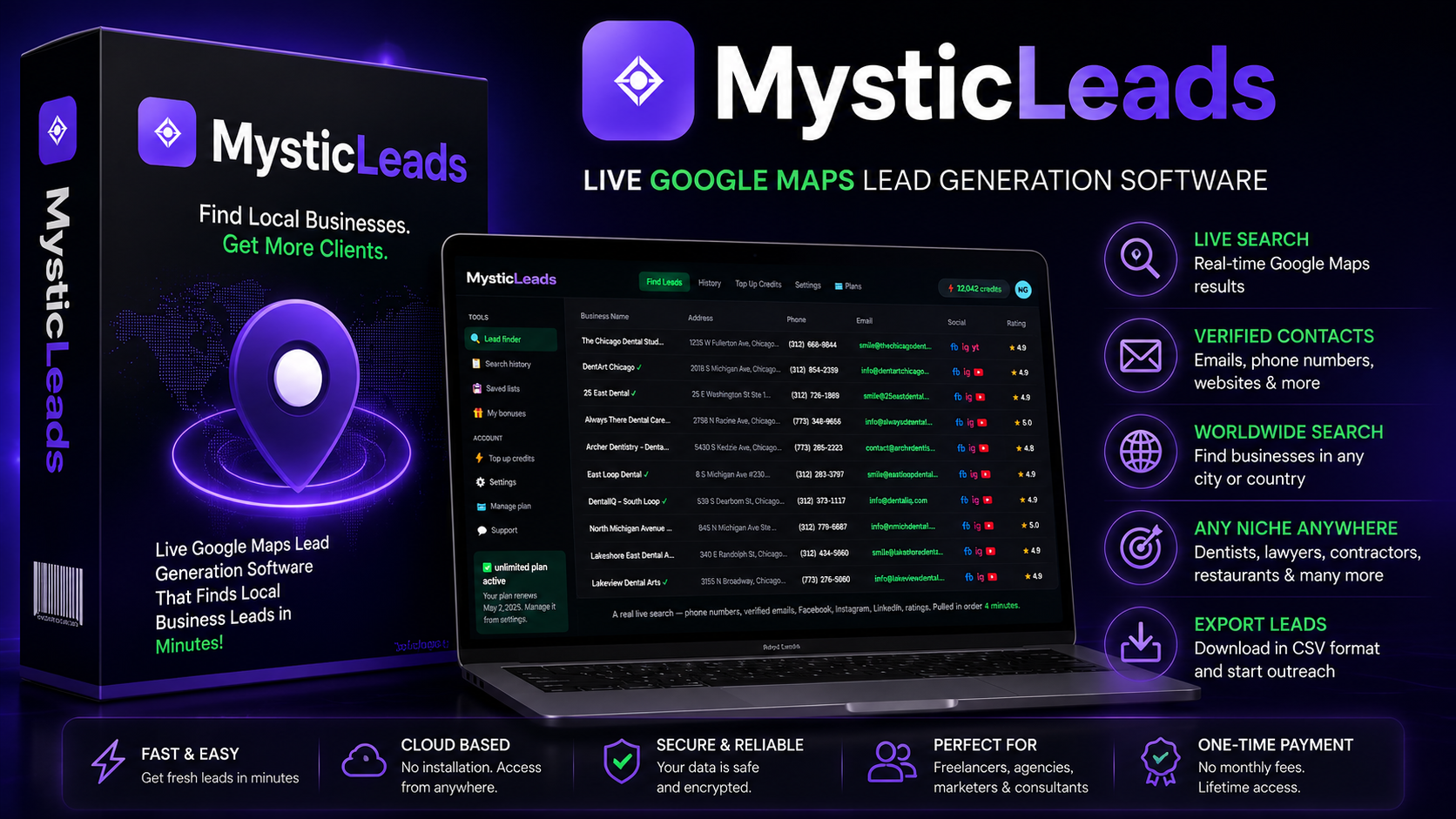 MysticLeads Review dashboard showing live Google Maps lead generation software with verified local business leads, emails, phone numbers, and social profiles.