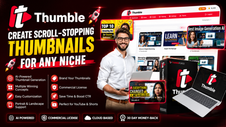 Thumble Review – AI YouTube Thumbnail Creator software dashboard with AI-generated thumbnail examples and commercial branding features