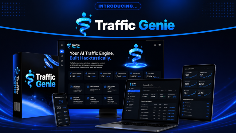 TrafficGenie Review 2026 showing the AI SEO, AEO and GEO content automation software dashboard, product box, and publishing platform