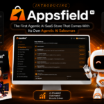 AppsfieldAI Review 2026 premium feature image showing the AI Store Builder dashboard, DealMaker AI Sales Agent, SaaS marketplace, analytics, and business automation platform.