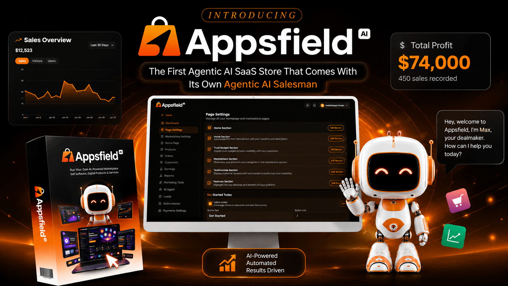 AppsfieldAI Review 2026 premium feature image showing the AI Store Builder dashboard, DealMaker AI Sales Agent, SaaS marketplace, analytics, and business automation platform.
