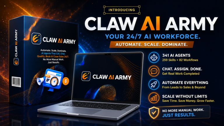Claw AI Army Review 2026 featuring the AI workforce software and 341 AI agents