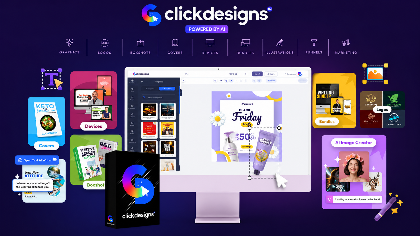 ClickDesigns review 2026 featuring AI-powered graphic design software and templates