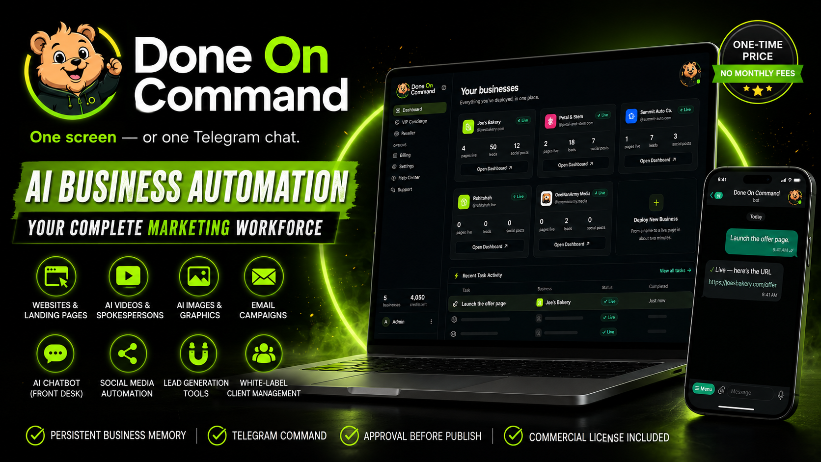 Done On Command Review feature image showcasing the AI business automation platform with persistent business memory and white-label marketing tools