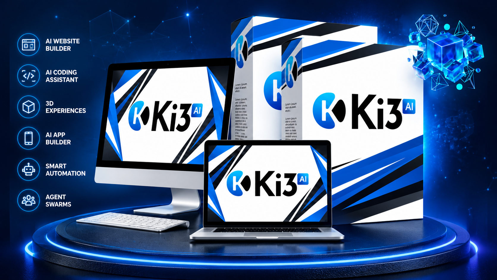 Ki3 AI Review featuring an AI website builder, coding assistant and 3D experiences