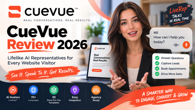 CueVue Review 2026 featuring lifelike AI LiveRep for website visitors