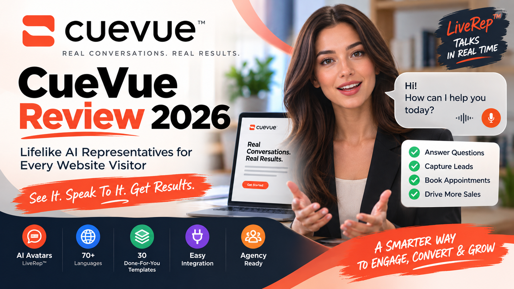 CueVue Review 2026 featuring lifelike AI LiveRep for website visitors