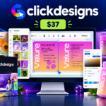ClickDesigns Review 2026 showing ClickDesigns X graphic design editor, 3D product mockups, templates, and design tools