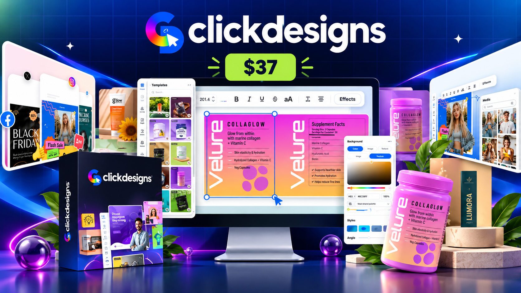 ClickDesigns Review 2026 showing ClickDesigns X graphic design editor, 3D product mockups, templates, and design tools